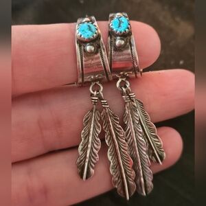 Vintage Navajo Turquoise Feather Earrings.